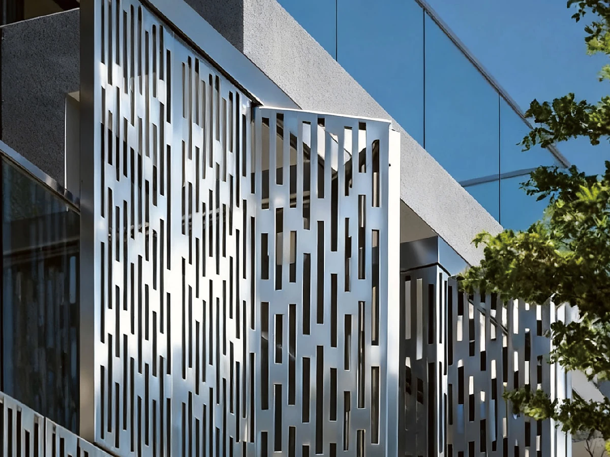 Architectural metal facade panels installed on a building exterior