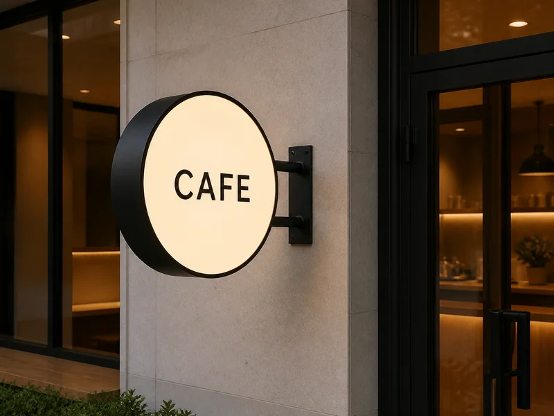 Illustrative application: round illuminated cafe light box with visible cabinet depth and wall brackets