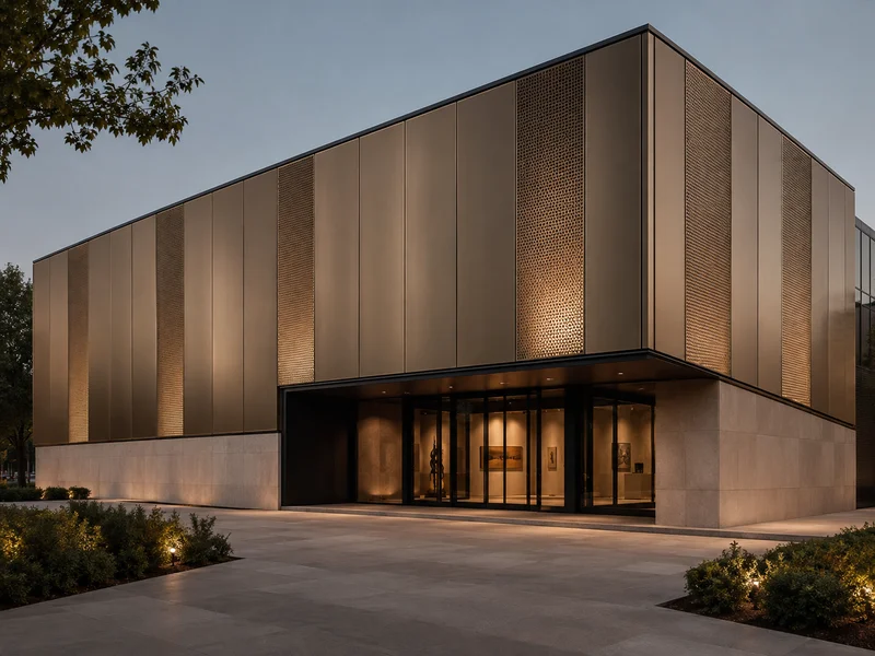 Illustrative application: modular metal facade panels with perforated illuminated fields around a building entrance